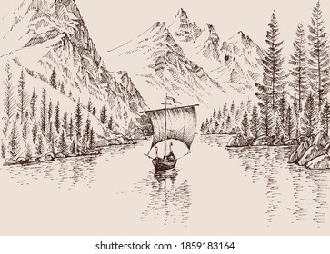 Sailboat on the mountain river hand drawing. Boat sailing in a fjord