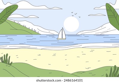 Sailboat on ocean near beach with hills and plants in foreground sun and birds in sky minimalist landscape