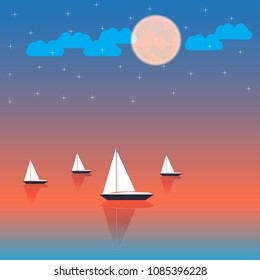 Sailboat on the ocean in night time. Vectoe illustration.
