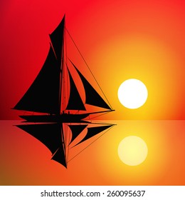 Sailboat on the ocean at sunset. Vector illustration