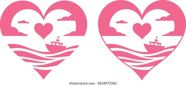 Sailboat on ocean waves inside heart shape vector collection pink ocean sunset landscape romantic travel graphics isolated on white background.
