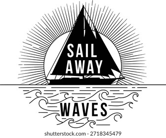 Velero en las olas del océano navegando lejos de la Ilustración vectorial para la aventura náutica y el viaje por mar