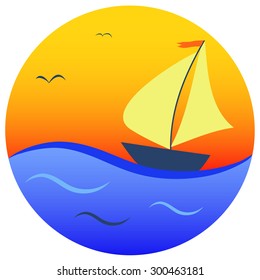 sailboat on orange sun and blue sea background, vector illustration