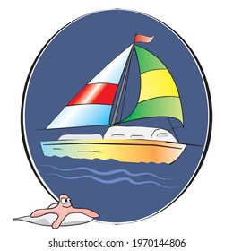 sailboat on oval background, vector illustration
