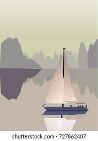 Sailboat on a river in the background of mountains