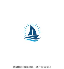 Sailboat on sea ocean wave with logo design

