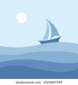 Sailboat on the Sea, Sailing Boat in the Ocean, Boat in the Blue Sea, Small Boat on Waves, Yacht at Sea