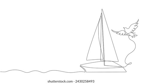 A sailboat on sea waves, a boat, a tray and a seagull, a dove flies into the sky. Hand drawing in the style of one continuous line. Rest on the water.