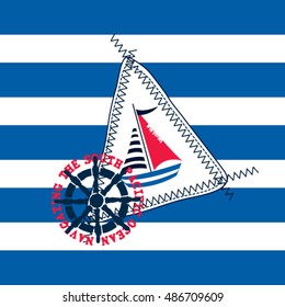 sailboat on striped background, T-shirt graphics for kids vector illustration