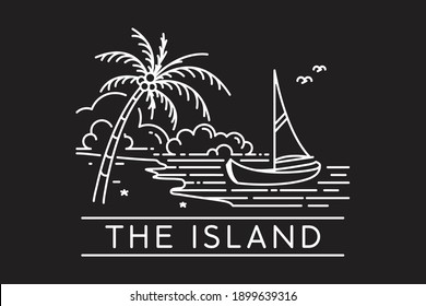 sailboat on a tropical beach island. tropical island monoline design vector illustration isolated on black background
