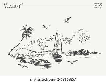 Sailboat on tropical beach with palm trees and seagulls. Hand drawn vector illustration.