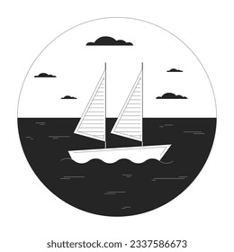 Sailboat on water bw vector spot illustration. Yacht ocean. Sea boating 2D cartoon flat line monochromatic circle seascape for web UI design. Yachting sport editable isolated outline hero image