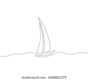 A sailboat on the water is hand-drawn with one endless line on a white background, vector illustration. A modern minimalistic element for a poster, banner, or cover. Contour drawing of a sea boat