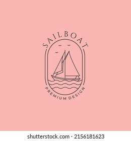 sailboat on wave and flying birds line art logo vector symbol illustration design