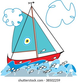Sailboat on the wave with jumping fish