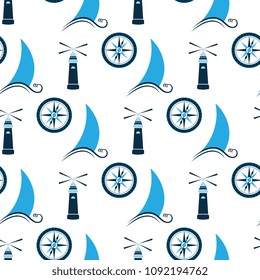 Sailboat on wave, lighthouse and sea compass seamless pattern.