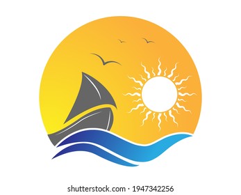 Sailboat on the waves against the background of the sun and seagulls. Vector illustration for logo, emblem, sticker and creative design. Flat style.