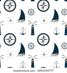 Sailboat on the waves, beacon, anchor, steering wheel and sea compass seamless pattern.