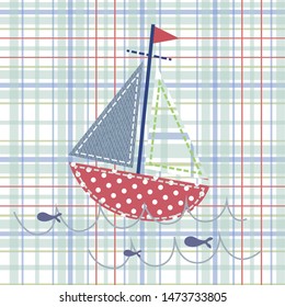 sailboat on the waves in cartoon style on a striped background