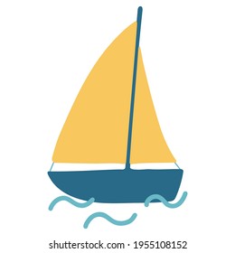 Sailboat on the waves. Isolated element on a white background. Vector hand drawn boat illustration. Ship in flat style.