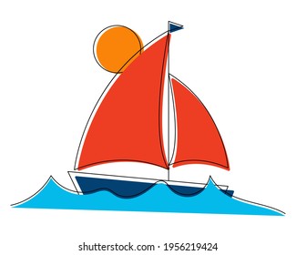 Sailboat on the waves with line art elements. Nautical theme. Vector illustration on white background