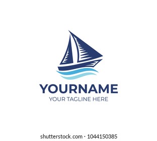 Sailboat on waves logo template. Ship and cruise travelling vector design. Sea transport, vessel illustration