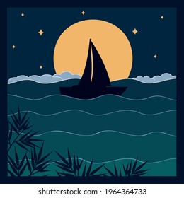 Sailboat on the waves in the night sky against the background of the moon and stars, papercut illustration