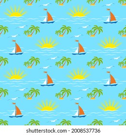 Sailboat on the waves, palms with seagulls and the bright sun on a blue background. Seamless background 