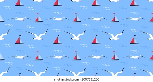 Sailboat on the waves and seagulls on a blue background. Seamless background. Cute marine pattern for fabric, clothing, textile, wrapping paper 