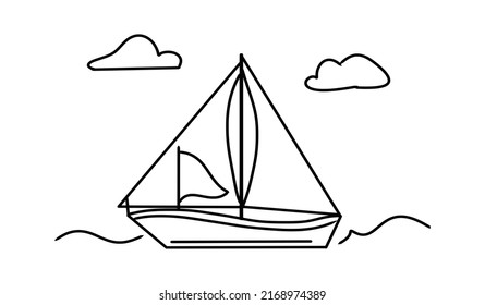 Sailboat on the waves, the sky with clouds, a drawing with a black stroke, on a transparent background, a drawing for coloring and printing