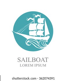 Sailboat on the waves. Vector drawing. Template design logo and icon.