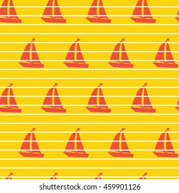 sailboat on a yellow background. Strips. Vector seamless pattern . Marine theme. 
