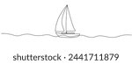 Sailboat in one continuous editable line. Abstract silhouette of sea fishing boat. Concept of sea travel on a yacht. Symbol of tourism business idea. Vector illustration in simple linear style