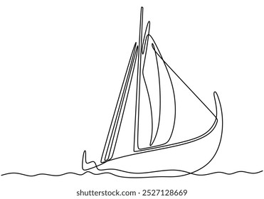 Sailboat in one continuous line drawing. Minimalist design for maritime themes and adventures. Hand-drawn illustration for sailing.