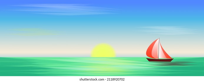 Sailboat in the open sea on the background of clouds and sun. Ocean at summer Vector illustration