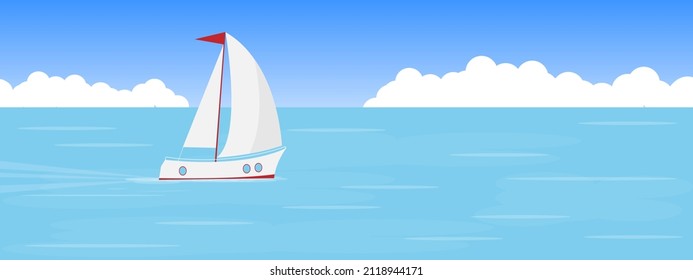 Sailboat in the open sea on the background of clouds. Ocean at summer Vector illustration