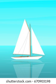 Sailboat in the open sea. The sailboat is reflected in the water . Vector illustration in flat style