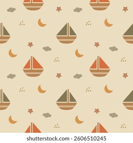 Sailboat orange and green cartoon so cute. On moon stars cloud background. Pattern seamless vector illustration. 
