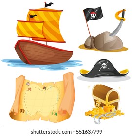 Sailboat and other pirate elements illustration