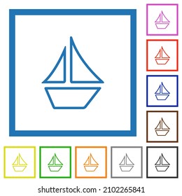 Sailboat outline flat color icons in square frames on white background