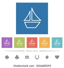Sailboat outline flat white icons in square backgrounds. 6 bonus icons included.