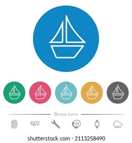 Sailboat Outline Flat White Icons On Round Color Backgrounds. 6 Bonus Icons Included.