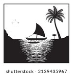 Sailboat with the Pacific Proa Silhouette on the Sea Beach.