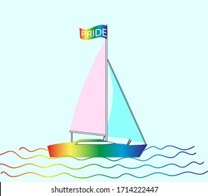 the sailboat is painted with rainbow colors with two sails of pink and blue with a torn LGBT flag with the inscription pride in white. LGBT Symbols