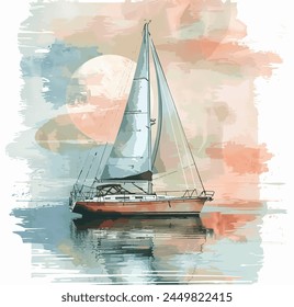 A sailboat painted in watercolors on the ocean, Vector. capturing the beauty of the watercraft with its mast and sails fluttering in the wind