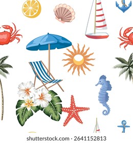 Sailboat, palm, sea horse, starfish, anchor, crab, shell, lemon fruit, hibiscus flower, leaf, chaise lounge, umbrella, sun seamless pattern.Summer resort print.