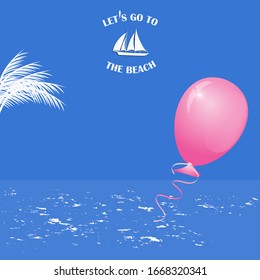 Sailboat, palm tree branch, balloon - blue background - vector. Abstract poster. Let's go to the beach. Travel concept.