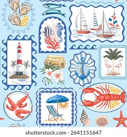 Sailboat, palms, flamingo, lighthouse, fish, anchor, lobster, shrimp, oyster, wave, island, hibiscus flower, shell, chaise lounge, umbrella in the frames seamless pattern. Summer patchwork wallpaper.