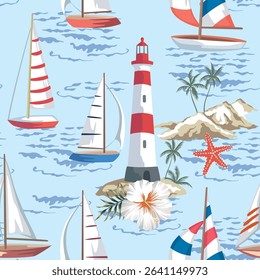 Sailboat, palms, lighthouse, sea wave, island, hibiscus flower, starfish seamless pattern. Summer marine wallpaper.