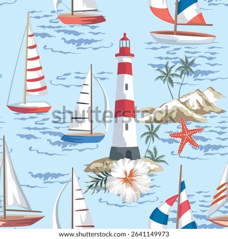 Sailboat, palms, lighthouse, sea wave, island, hibiscus flower, starfish seamless pattern. Summer marine wallpaper.